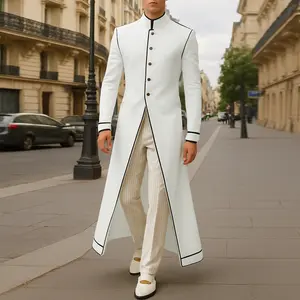 INCERUN Autumn/Winter Men's Retro Stand-Collar Long Coat, White Slim Fit Single-Breasted Trench Coat, Black Piping, Designer Aesthetic, Party Gatherings, Stage Performances