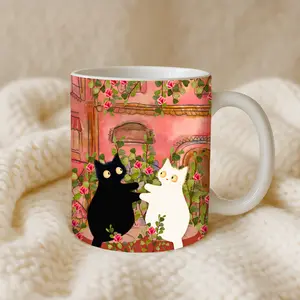 Black & White Cat Mug | Romantic Floral Coffee Mug | Cute Gift for Cat Lovers