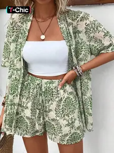 Two-Piece Set Women's Plants Print Top & Elastic Waist Shorts, Casual Fashion Set, Casual Short Sleeve Top & Wide Leg Shorts for Holiday Vacation, Ladies Summer Clothes Matching Clothing Set