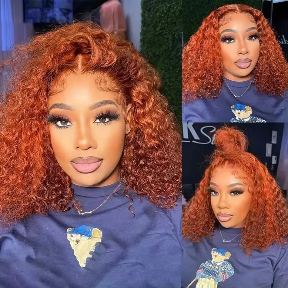 Orange Ginger Water Wave Bob Wig Human Hair 200% Density 13x4 Lace Front Wigs Human Hair for Women Pre Plucked Wet and Wavy Short Bob Wigs 100% Virgin 13x4 Deep Curly Human Hair Wig 350#
