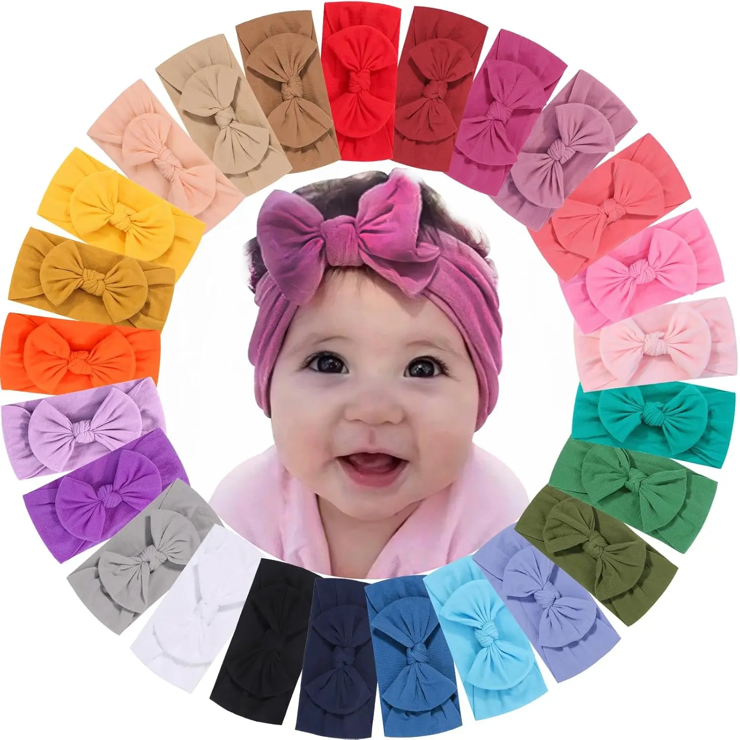25PCS Baby Nylon-Cotton Bow Centered Headbands, Soft Stretch Wide Band Hair Elastics for Newborn Infant Toddlers