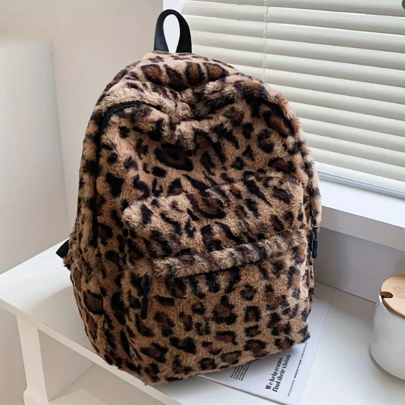 Women's Leopard Print Fleece Daypack - Synthetic Durable Multi-Compartment Backpack with Zipper Closure for Trendy Aesthetic & Casual Use