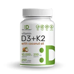 Vitamin D3+K2 10000 IU with Virgin Coconut Oil, 250 Softgels