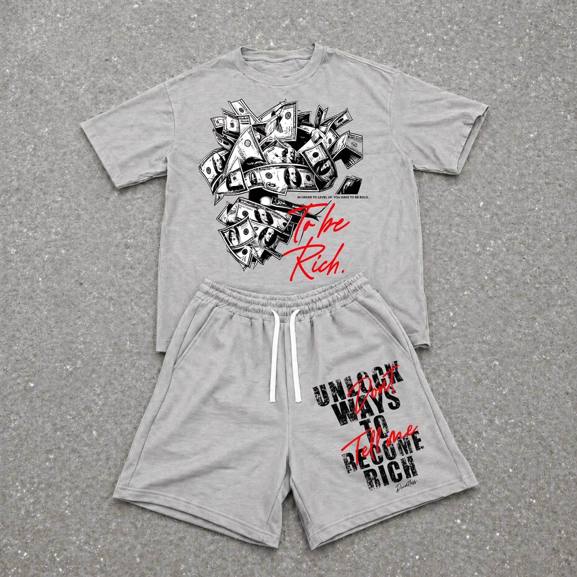 Men’s Summer 2 Piece Set, Money Hiphop Street Style Letter Print Short Sleeve T Shirt and Drawstring Shorts Matching Outfit, Lightweight Breathable Casual Set for Travel, Streetwear, Beach, Vacation, and Daily Wear