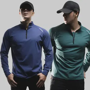 Boyfriend Style Men Half Zip Long Sleeve Sports Tee Muscle Fit Gym Tops