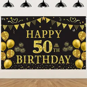 50th Birthday Festive Polyester Backdrop Banner - 1pc, with Golden Glitter Balloons, Star Accents, for Party Decorations, Outdoor Garden Events