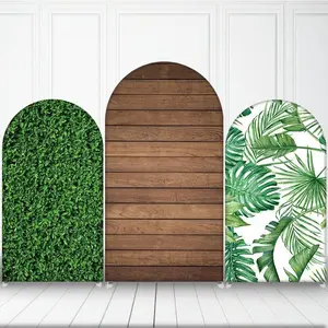 15-day Delivery Wooden Theme Wedding Arch Backdrop Cover Birthday Baby Shower Party Decoration Wood Green Leaf Elastic Fabric Background