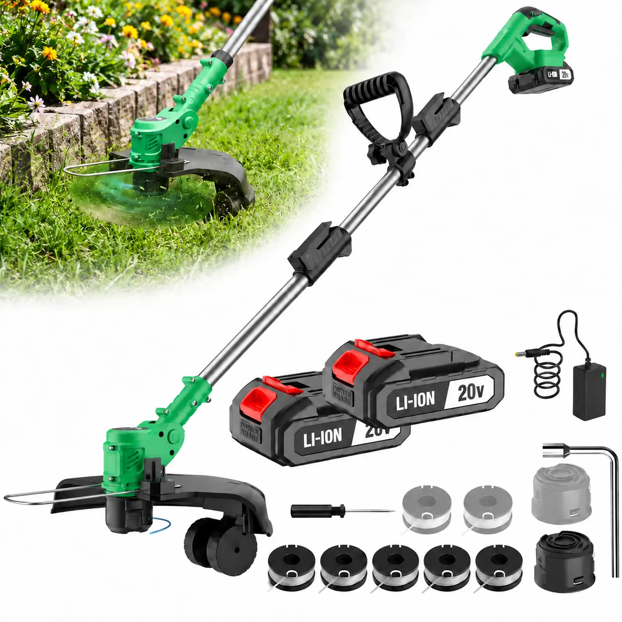 20V Cordless String Trimmer with Battery & Charger, 12-Inch Weed Wacker & Lawn Edger with Foldable Telescoping Shaft for Grass Trimming Along Walkways, Fences & Garden Borders