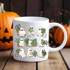Super Cute Ghosts Ceramic Mug, Adorable Halloween Coffee Cup, Plant Lover Gift, Coquette Tea Mug, Coquette Ghost Plant Mug #195