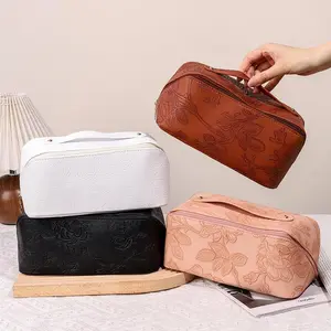 Vintage Floral Embossed Makeup Bag, Vintage Vanity Bag, Large Capacity Leather Storage, Multi-Layer Organizer, Portable Travel Cosmetic Pouch, Perfect Gift