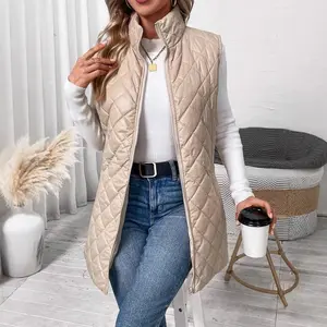 2025 New Women's Autumn Winter Solid Color Versatile Sleeveless Stand Collar Warm Cotton Vest with Zipper Pockets
