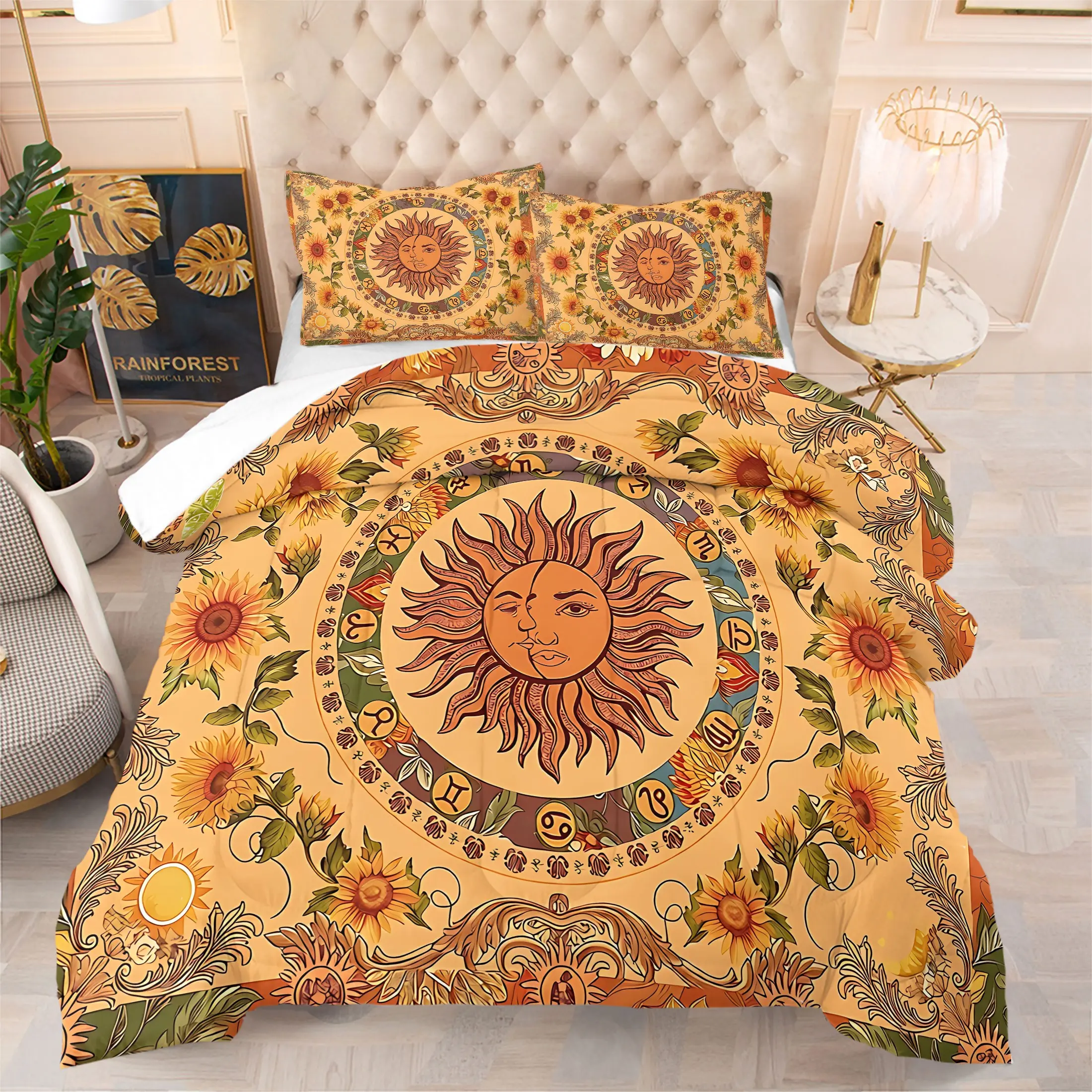 2/3pcs Boho Sun & Moon Sunflower Comforter Set, Zodiac Astrology Printed Quilt Bedding Set with Pillowcases (No Pillow Insert), Soft All Season Bedspread for Bedroom Decor, Bed Sets, Twin/Full/Queen/King