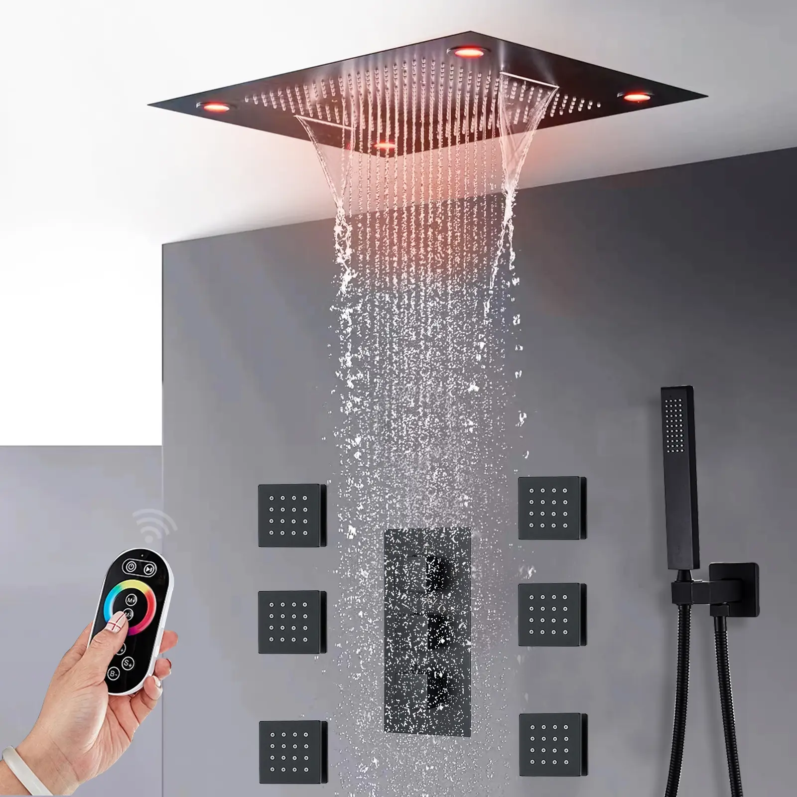 Luxury Concealed 14×20 Inch Ceiling LED Rainfall Thermostatic Shower System, Remote RGB Color Control, Rain & Waterfall Shower Head, 6 Body Massage Jets & Handheld Sprayer, Matte Black Bathroom Shower Set
