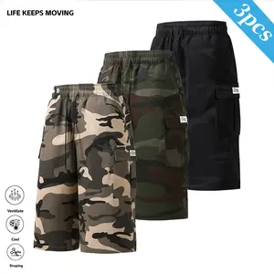 Men’s 3/2/1-piece set camouflage print shorts with patch pockets and a drawstring waist; street-style loose straight-leg design suitable for outdoor wear—men’s summer bottoms