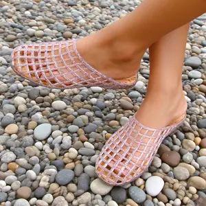 Women's Transparent Jelly Shoes - Slip-On Flat Shoes with Soft Pinkish-beige Glitter, Cushioned PU Insole - Beach, Party, Everyday Shoes - All-Season PVC Shoes for Women - Ideal Gift for Her, Casual Slipons, Square Toe Design, Comfortable Fit, Party Wear