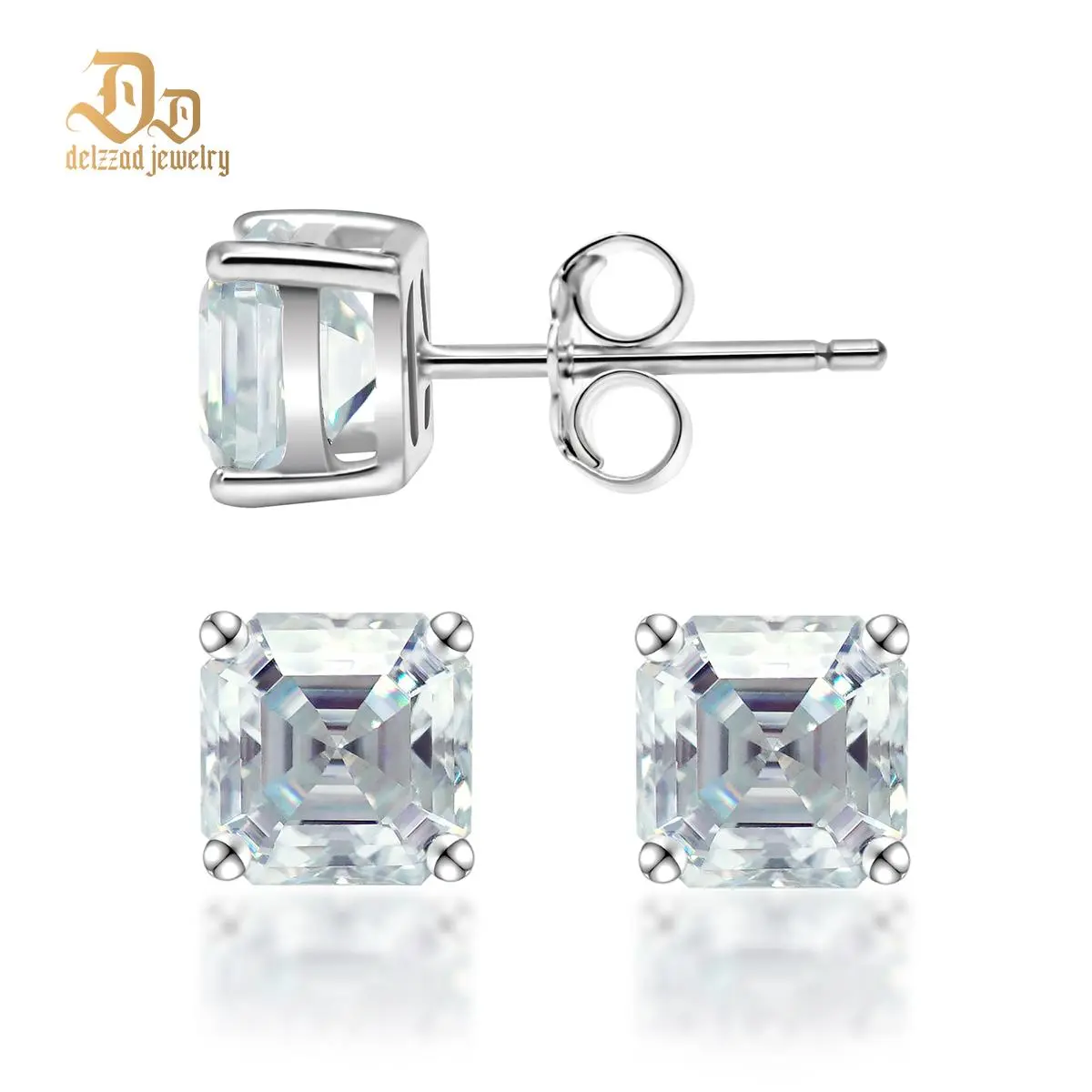 Delzzad Asscher Cut Synthetic Moissanite Prong Stud Earrings S925 Studs Christmas Gift for Men Women