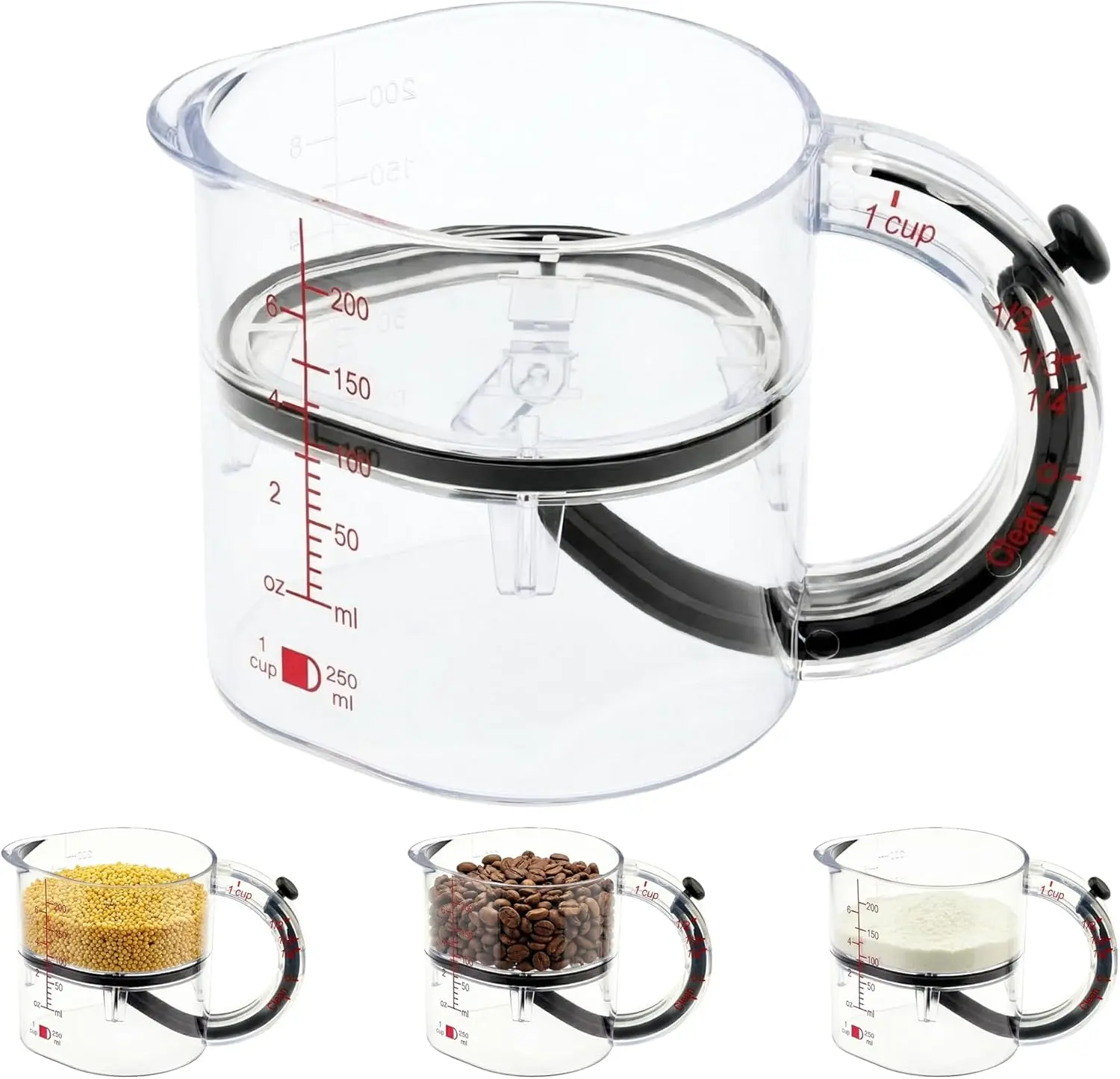 4-in-1 Adjustable Measuring Cup with Push-Up Bottom Dual Scale ml oz for Baking Cooking & Laboratory Use Versatile Accurate Precision Measurement Technology High Temperature Resistance Dishwasher Safe
