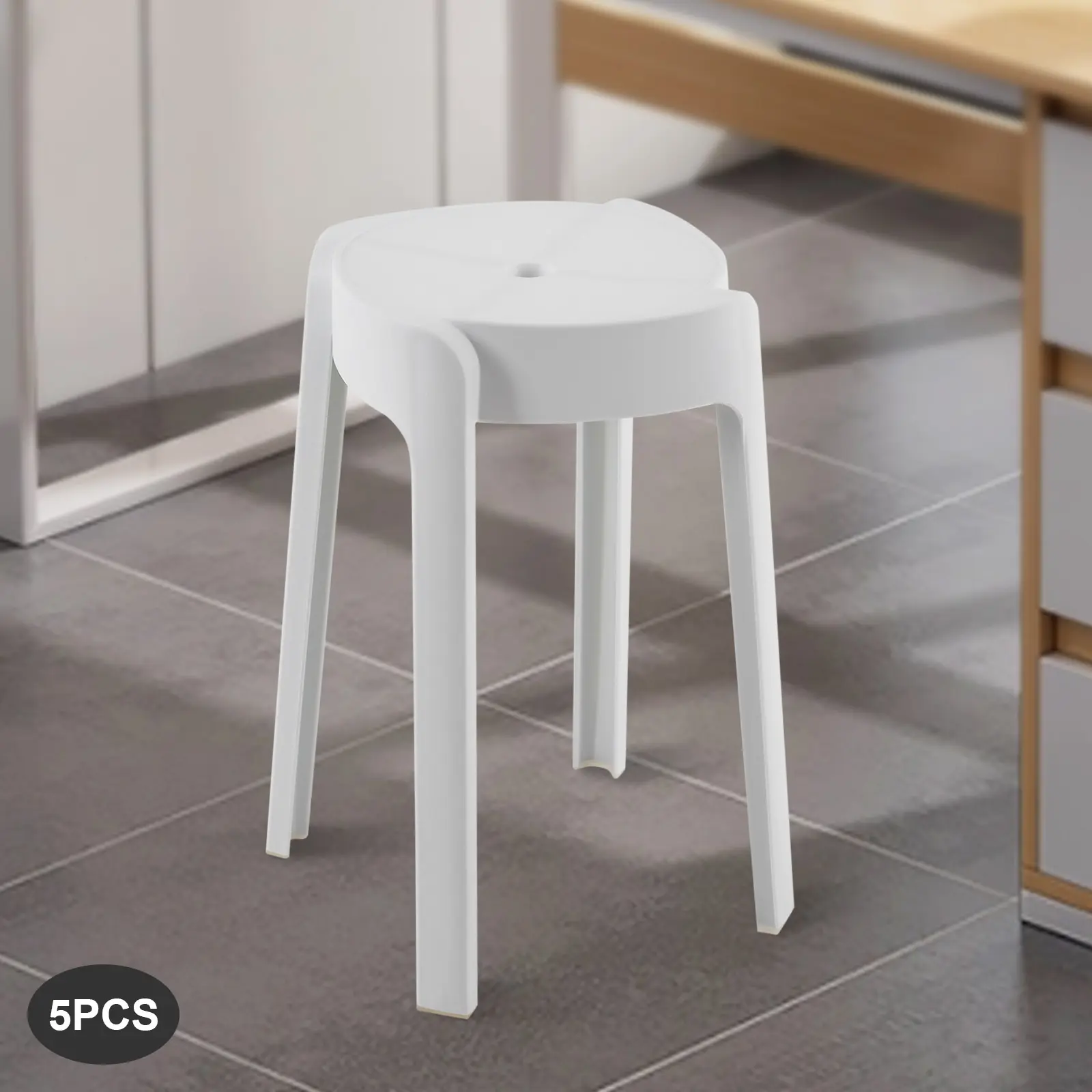CNCEST Set of 5 White Backless Armless 1-Piece Injection-Molded 18" Height Stackable Fold Plastic Step Stools, 165 lbs Capacity, Lightweight with Anti-Slip ft, Modern Windmill Curves Minimalist Decluttering Indoor Furniture for Kitchen, Housewarming Gift