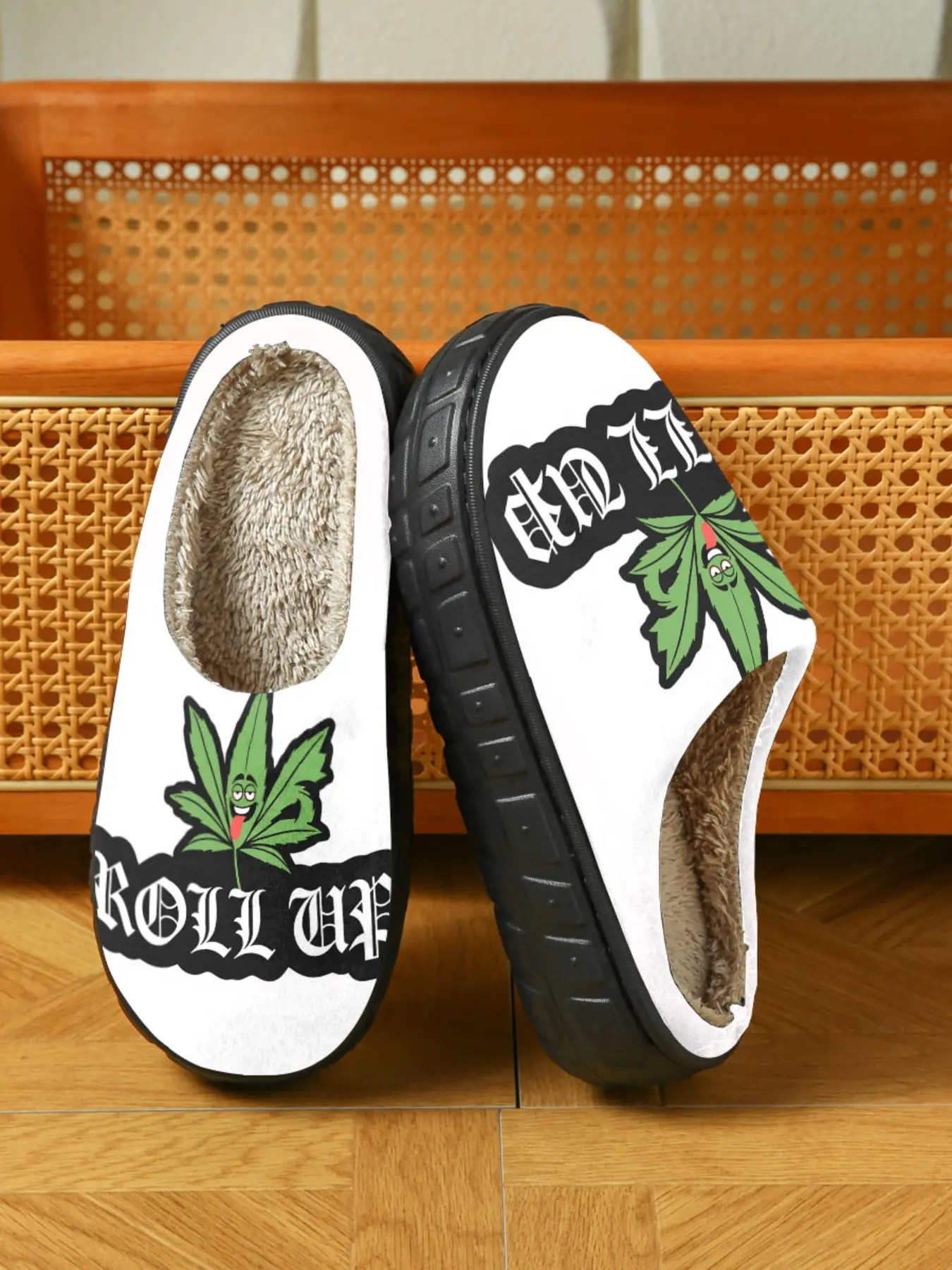 Roll Up Weed Leaf Cool Plush Slippers, Casual Slippers, Street Hip-Hop Style, Fleece Warm, Soft Feel, Autumn Winter Home Shoes for Young People, Indoor Slippers, Cozy Bedroom Slippers