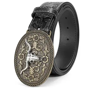 Cowboy Cowgirl Leather Buckle Belt for Men Women Western Leather Belt for Jeans