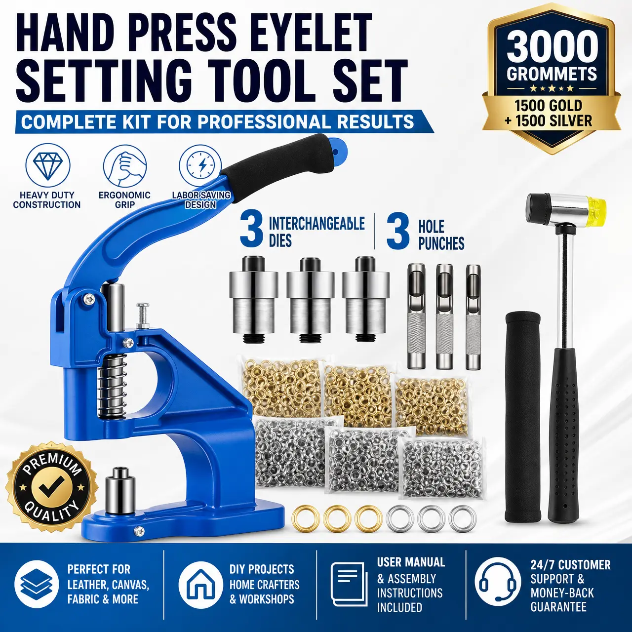 Manual Press Hand Eyelet Setting Tool Set for DIY Crafters - 3 Interchangeable Molds, 3 Hole Punches, 1500 Gold + 1500 Silver Grommets, Spring Assist Ergo Grip Handle