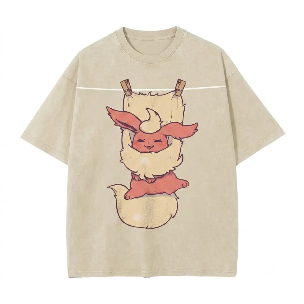 Menswear Flareon Graphic T-Shirt - Vintage Acid Wash, Oversized, Casual, Loose, Soft Men's Tops - Cute Anime Streetwear Tee