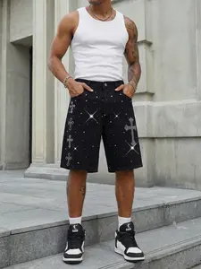 Men's Summer Classic Rhinestone Cross Pattern Loose Fit Five-Quarter Denim Shorts, Streetwear Festival Party Casual Pants
