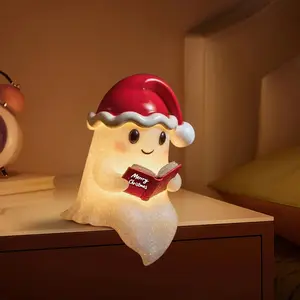 Cute Ghost Night Light Decorative Lamp with Christmas Hat, Resin Craft Gift, Creative Home Decor, Easy Christmas Atmosphere, Desk Shelf Fireplace Decoration