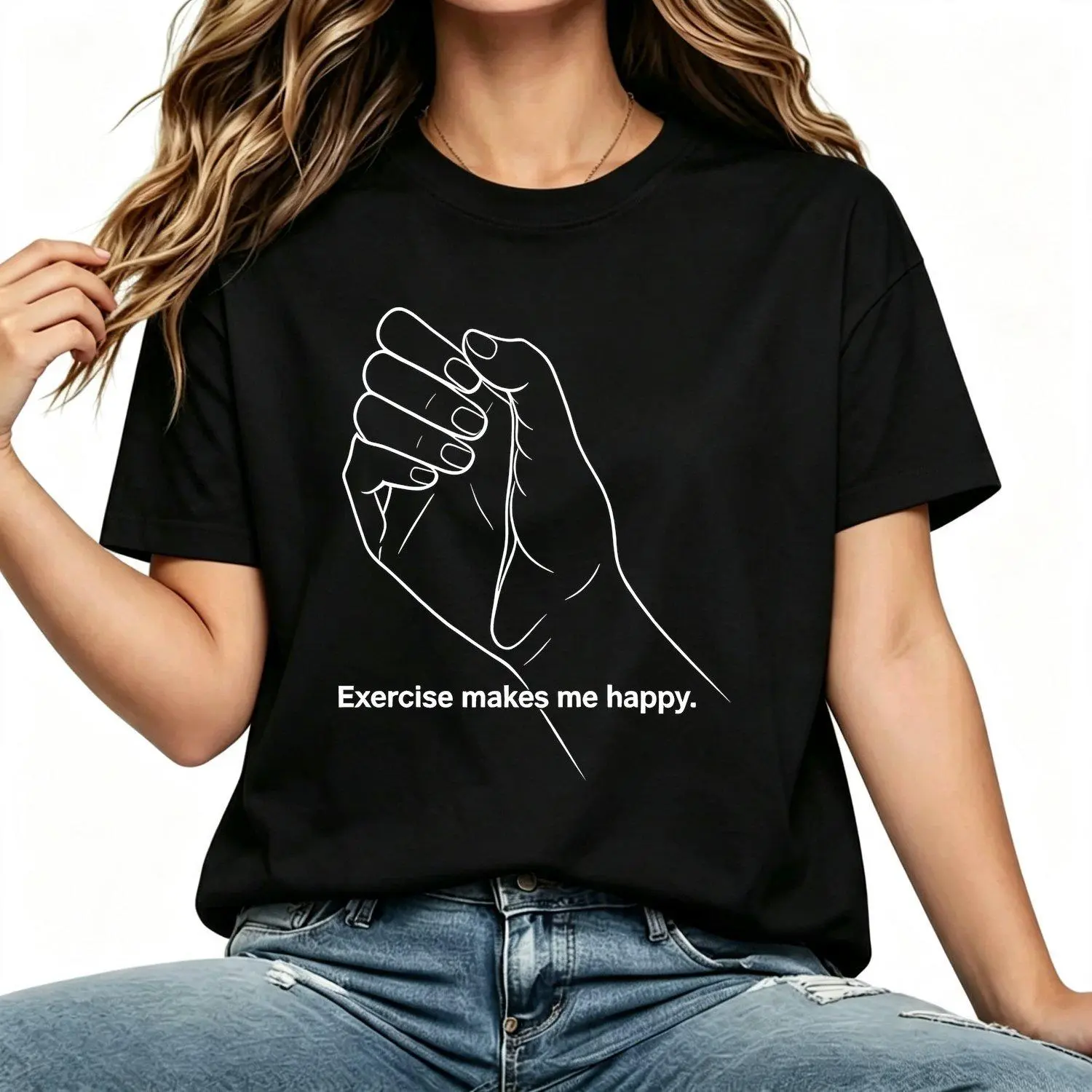 Exercise Makes Me Happy Funny Hand Gesture Meme Womens T Shirts Casual Tops and Stylish Tees for Everyday Wear