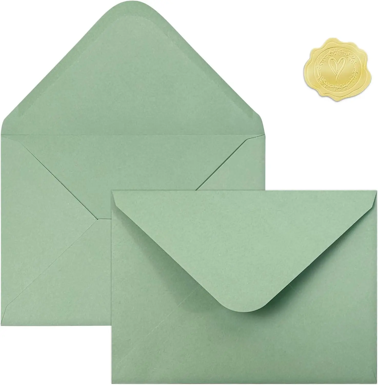50 PCS Sage Green A7 Self-Sealing Envelopes with Sticker Set, 5x7 Office Stationery Postal Supplies for Greeting Cards, Wedding Invitations, Party Events