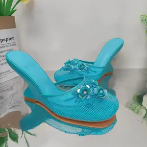 Mesh Beads Embroidered Closed Toe Wedge Slippers Woman Summer 2025 Flower Eva Half-Covered High Heel Sandals Outerwear Shoe Footwear Girl Tsinelas Parent Pedal Color 6 birthday heels sandals women
