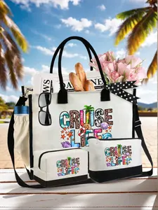 Women's Beach Handbag Combo Set with Cruise Life Print, Large Capacity Bag and Two Makeup Bags, Perfect Gift for Friends, Birthdays, Holidays Letter Print Handbag