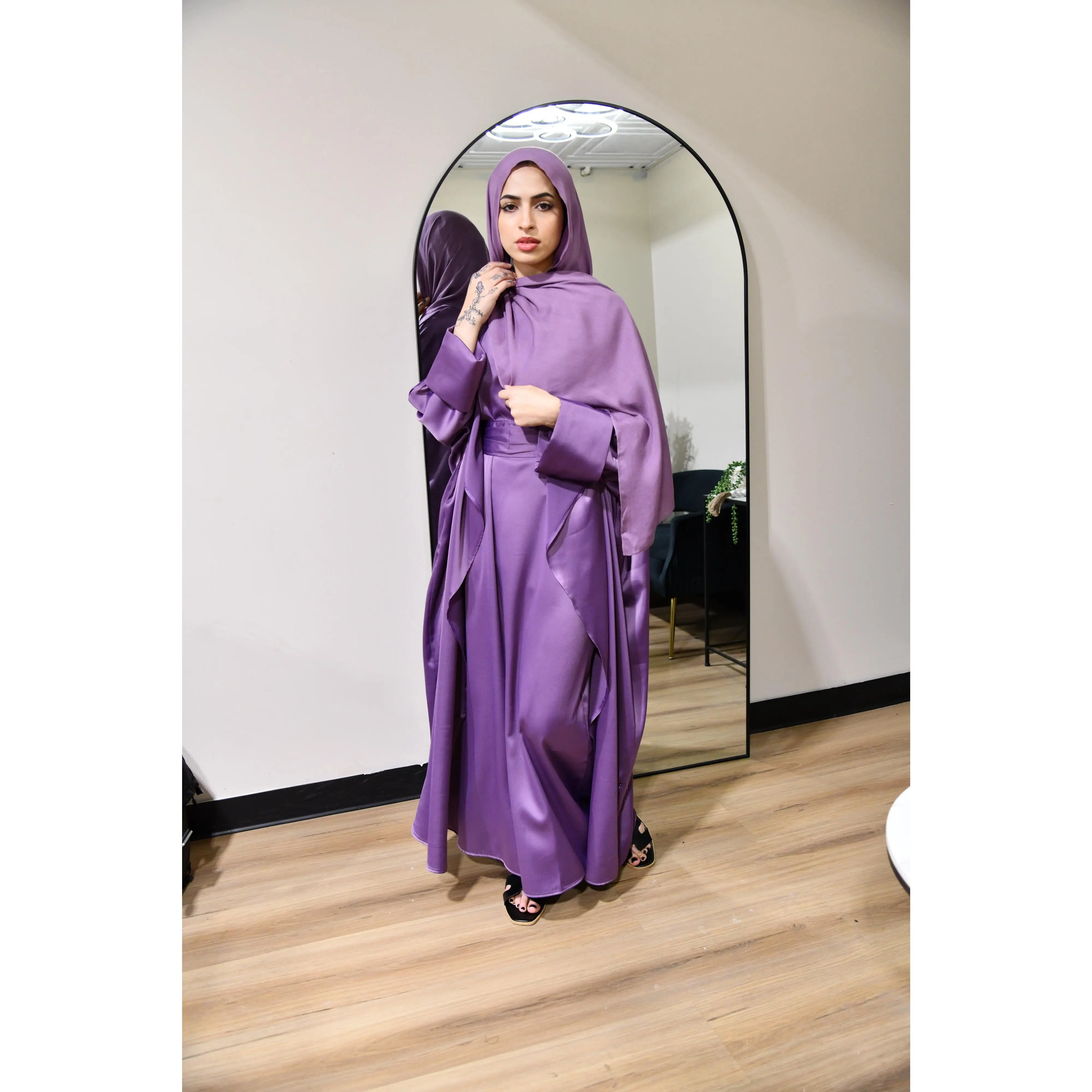 Draped Satin Abaya Set - Lilac Purple