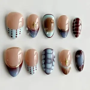 Handmade Abstract Press On Nails, Brown Blue Gradient Nail Art with Dots & Jelly Finish, Tortoise Shell Nails, Autumn Nails, Short Nails.
