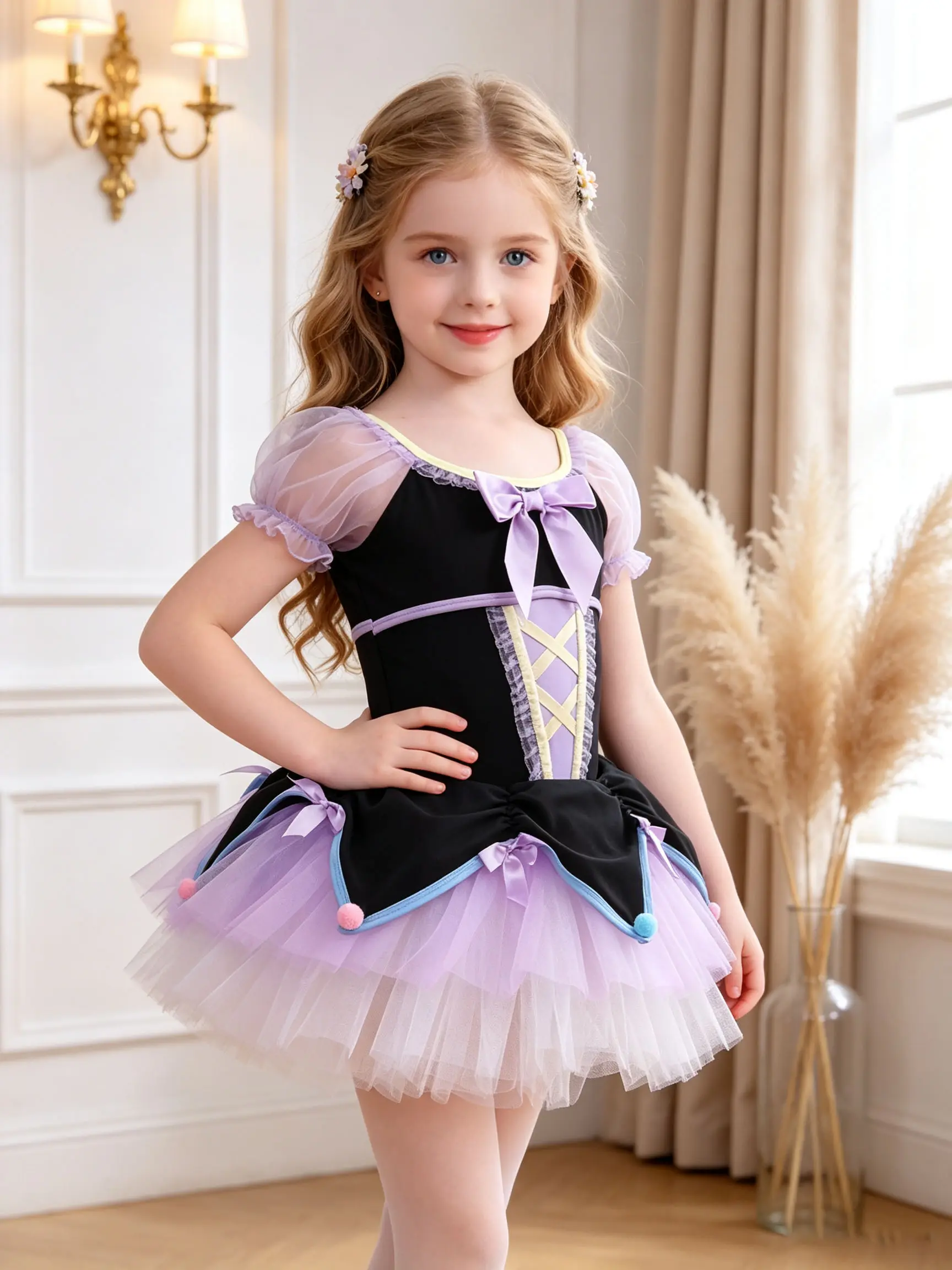 Girls Ballet Tutu Dress, Short Sleeve Princess Dance Leotard, Black Purple Tulle Skirt Costume for Toddler Little Girls Birthday Party Stage Performance kids clothing