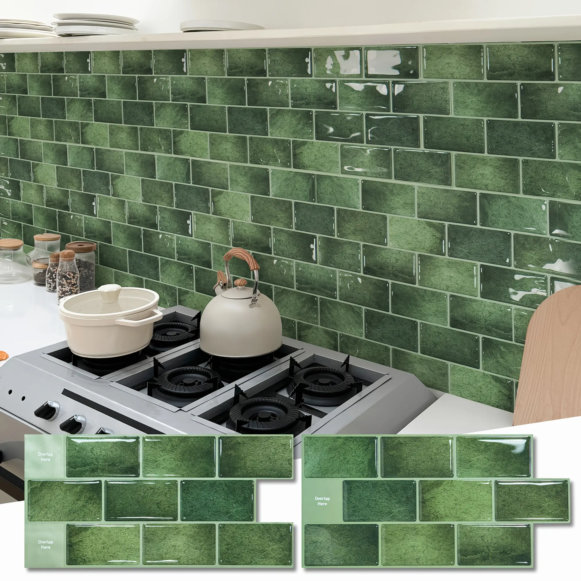 20-Pack Kitchen Backsplash Tile Peel And Stick, Vinyl Stick On Subway Tile For Bathroom Laundry Room RV Stove, 12'*6", Green