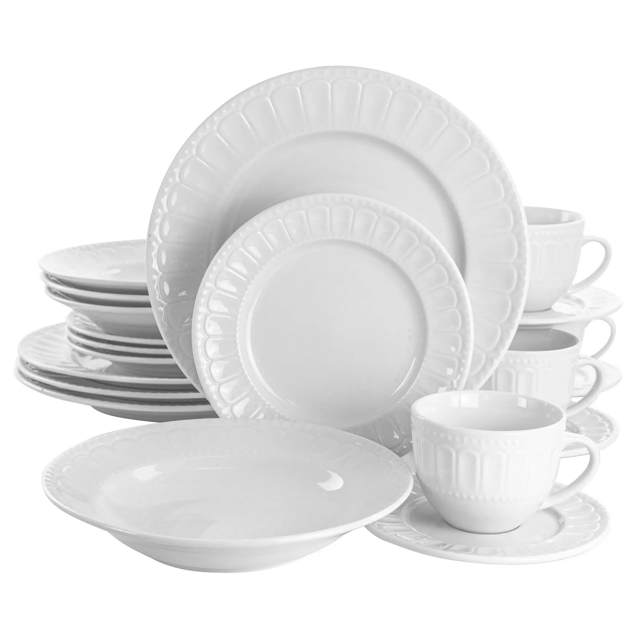 Elama Charlotte 20 Piece Porcelain Dinnerware Set in White Elama Charlotte 20 Piece Porcelain Dinnerware Set in White