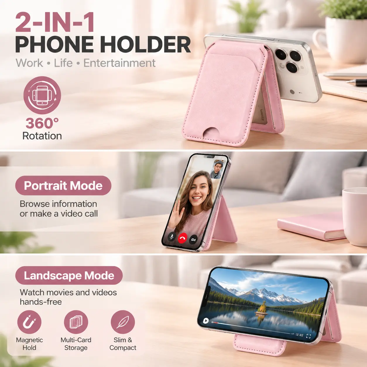 EIGIIS Magnetic Leather Wallet Card Holder With Adjustable 160° Phone Stand, Multi Card Pocket, Foldable Phone Stand, Slim PU Leather Case Compatible With iPhone 12-17 Series