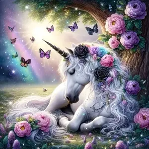 Enchanted Sleeping Unicorn with Flowers & Butterflies 5D Full Drill Diamond Painting Kit Fantasy Magical Garden Rainbow Art DIY Cross Stitch Mosaic Craft Whimsical Home Wall Decor Handmade Gift for Unicorn & Fantasy Lovers