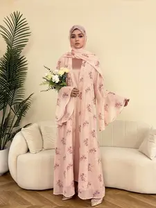 Elegant Chiffon Fashion Big Bell Sleeve Open Front Cardigan Set with Matching Headscarf, Loose-Fitting Long Dress, Abaya Hijab Set