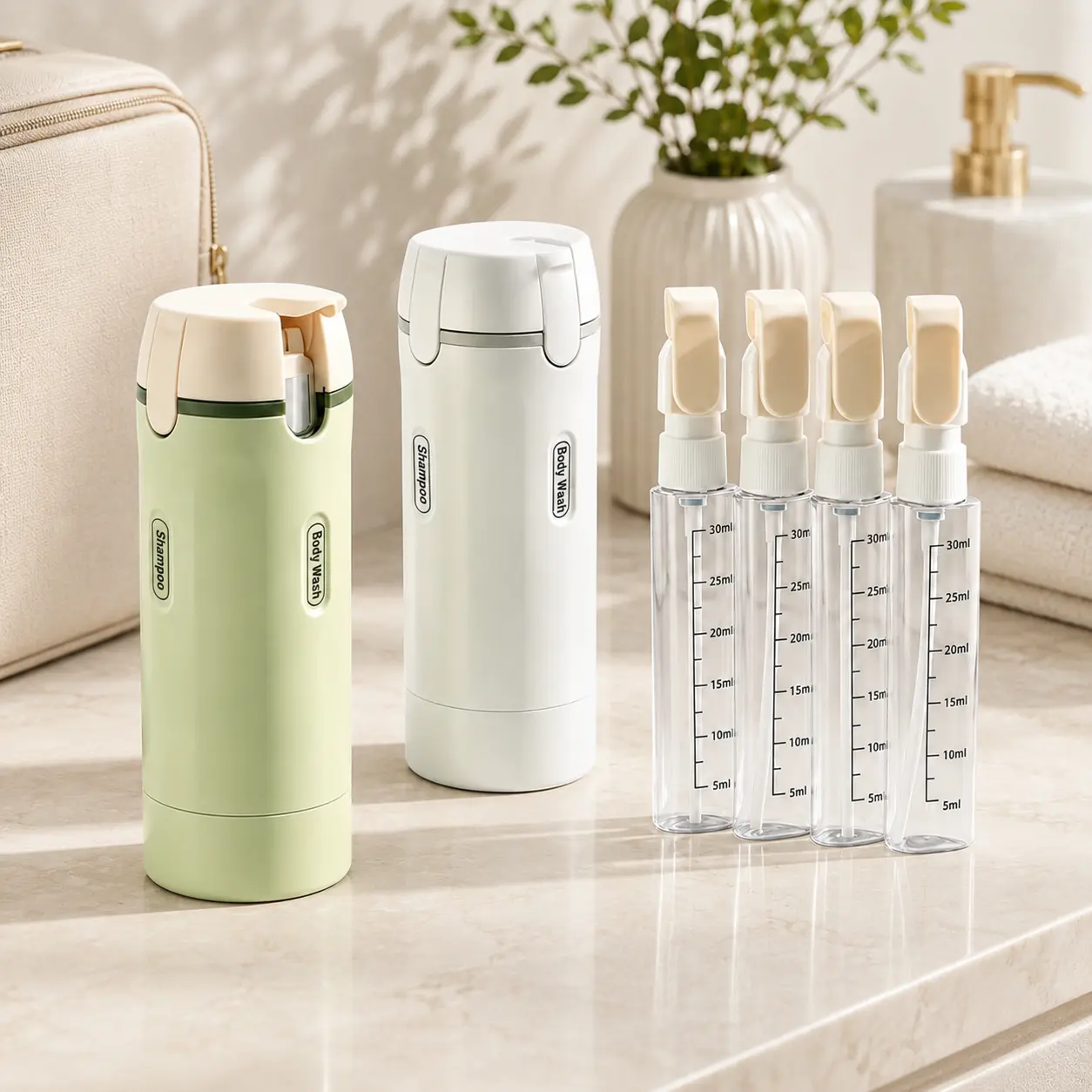 2-Pack 4-in-1 Multi-Piece Reusable Storage Bottles & Jars, Mini Leak-Free No Spill Lid Waterproof Toiletry Dispensers, Twist Lock Compact Pump Home Organizers for Gym Bag & Fitness Showers