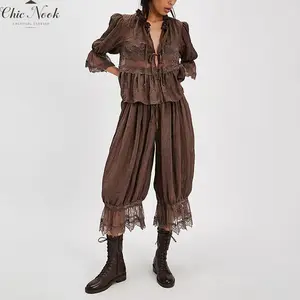 Women Lace Trim 2 Piece Pajamas Sets Y2k Bow Tie Front Short Sleeve Shirts + Ruffle Flared Lantern Pants Loungewear