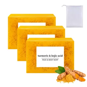 3 pieces of 100g turmeric kojic granule soap, including a foaming net, easy to use, enhances the cleaning experience when using the product, provides deep cleansing, suitable for the face and body, Cleansing Herbal Soap