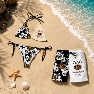 Titos Handmade Floral Swimwear Set, String Bikini and Matching Beach Shorts for Couples, Tropical Summer Beachwear All Sizes