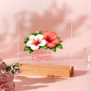 Centerpieces Hibiscus Flowers Acrylic Display Stand with Base, Realistic Botanical Design with Sparkle Accents & 'Nature's Elegance' Script Lettering, Clear Stable Decorative Stand for Home & Office Desk Decor, Ideal Gift for Floral & Nature