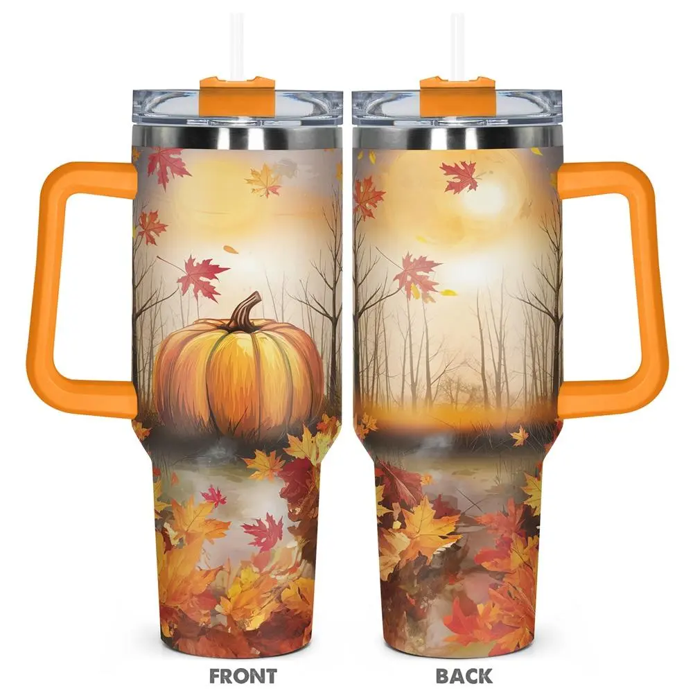 Maple Leaves & Pumpkins Pattern Tumbler, 1 Count 40oz Stainless Steel Insulated and Durable Water Bottle with Lid, Birthday Gift for Friend