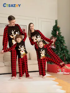 Plaid Shoulder Pad Sleeves 'cute Reindeer' Parent-Child Pajama Set, Family Matching Color Block Pattern, Festive Christmas Wear