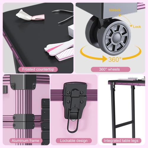 Professional Rolling Travel Portable Nail Art Table with LED Mirror, 3 Lockable Drawers, with Wheels Handle for Mobile Nail Techs & Salon Use,Telescopic Pole Foldable Manicure Station,Pink