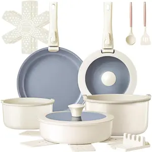 18- Ceramic Pots and Pans Set Non Stick, Non  Cookware Set with Removable Handles, Pot Sets for Cooking, Induction Ready, Dishwasher & Oven Safe,  PFOA & PTFE Free (Cream White)