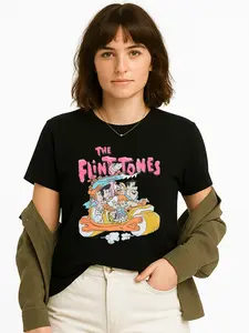Retro T-Shirt Black The Flintstones Cartoon Graphic Casual Wear Summer Personalized Short Sleeve T-shirt Unisex Breathable Versatile Plus Size USA Made Cotton Top